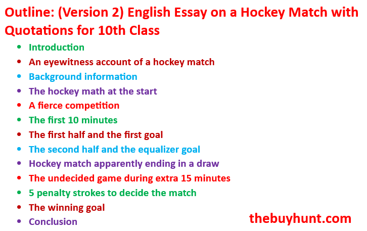 Outline (Version 2): Essay on a Hockey Match with Quotations for 10th Class