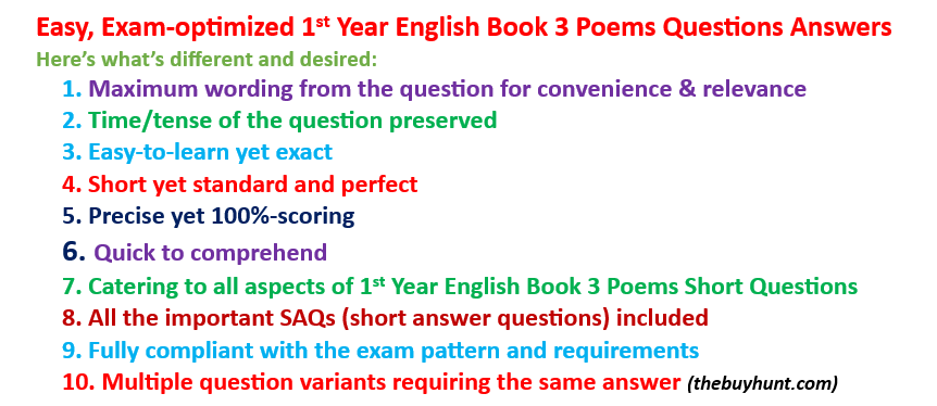 1st Year English Book 3 poems short questions answers